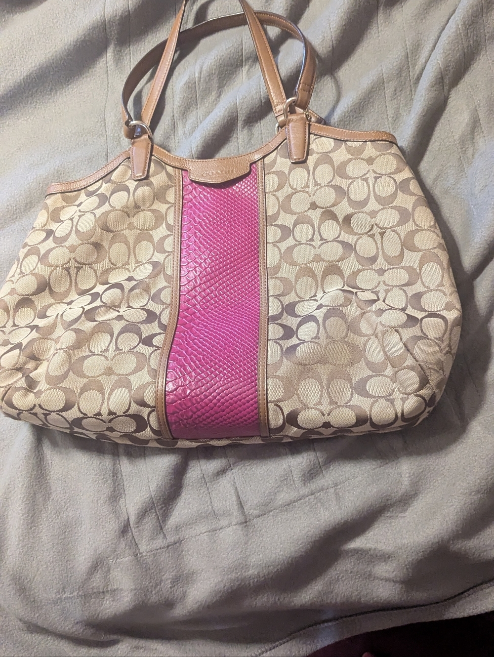 Coach Signature Canvas Tote with Bright Pink Center Panel